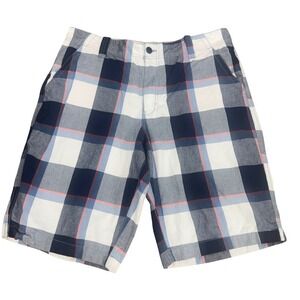 Roebuck & Co Plaid Shorts Blue White Cotton Flat Front Men 38